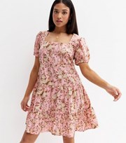 New Look Petite Pink Floral Crepe Tiered Mini Smock Dress